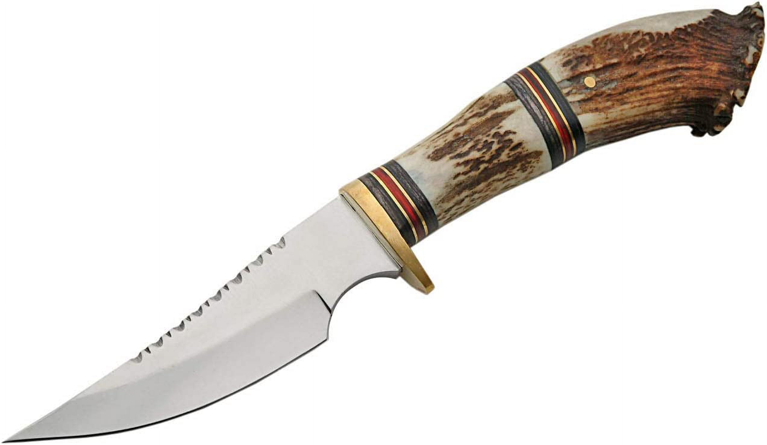 SZCO Heritage 10-Inch Stag Crown Hunter Handcrafted Crown Stag Handle Hunting Knife Stainless Steel Blade with File Work Spine, Brass Guard, and Embossed Leather Sheath