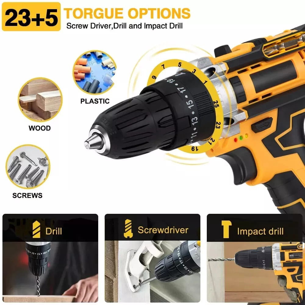 21V Cordless Hammer Drill Set Electric Impact Driver Screwdriver with 2 Battery for Home, Garden, DIY & Workshop