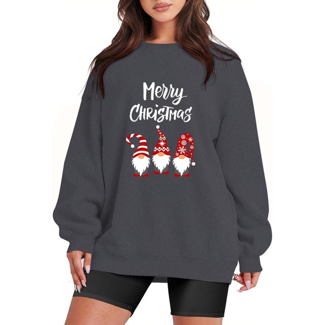 Top de moda Navidad Mujer Casual Y 2 K Manga Larga Impreso Sin Capucha Sudadera Suelta Cuello Redondo Gris M Gibobby