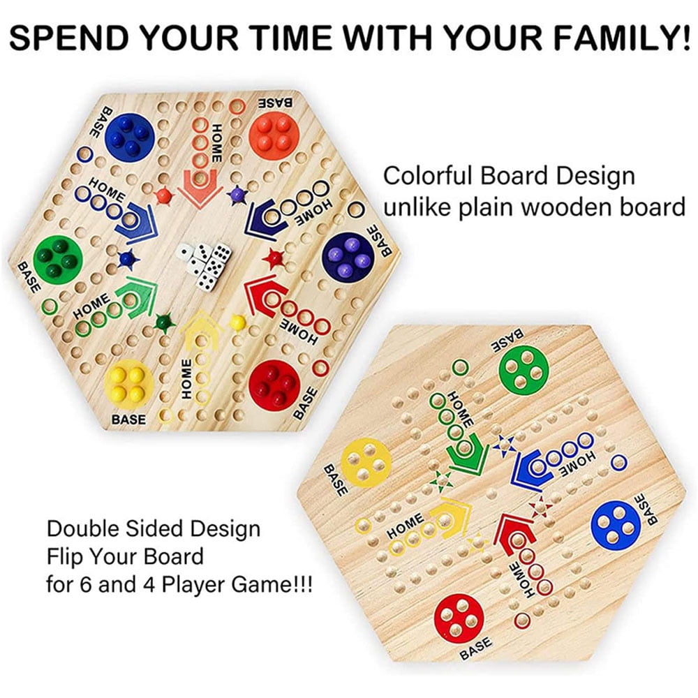 Original Marble Game Wah00 Board Game Double Sided Painted Wooden Fast Track Board Game for 6 and 4 Players 6 Colors 24 Marbles 6 Dice for Family Friends