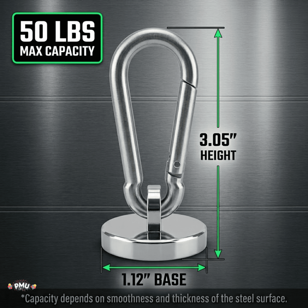 PMU 24 Pcs Strong Magnetic Hook with Swivel Carabiner Clip – Heavy Duty Magnet Hook Holds Up to 50 Lbs for Locker, Cruise Cabin, Home, Office, Refrigerator & Garage Use