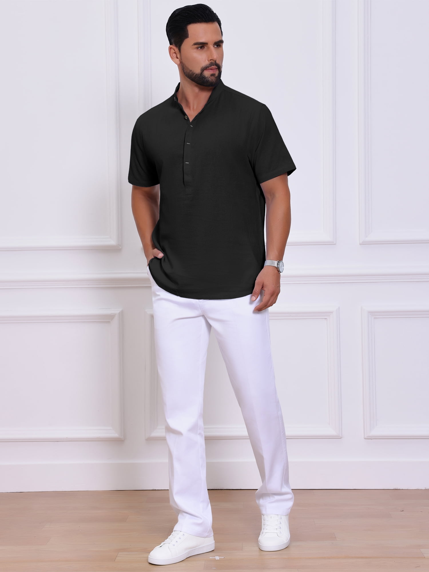 DARING DIVA Men's Casual Henley Band Collar Short Sleeve Summer Linen Shirts XL Black