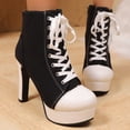 thumbnail image 2 of Heeled Ankle Boots for Women Fashion Round Toe Canvas Platform Heels Side Zipper Lace up Stilettos Furry Lined Booties Black Size 7.5, 2 of 7