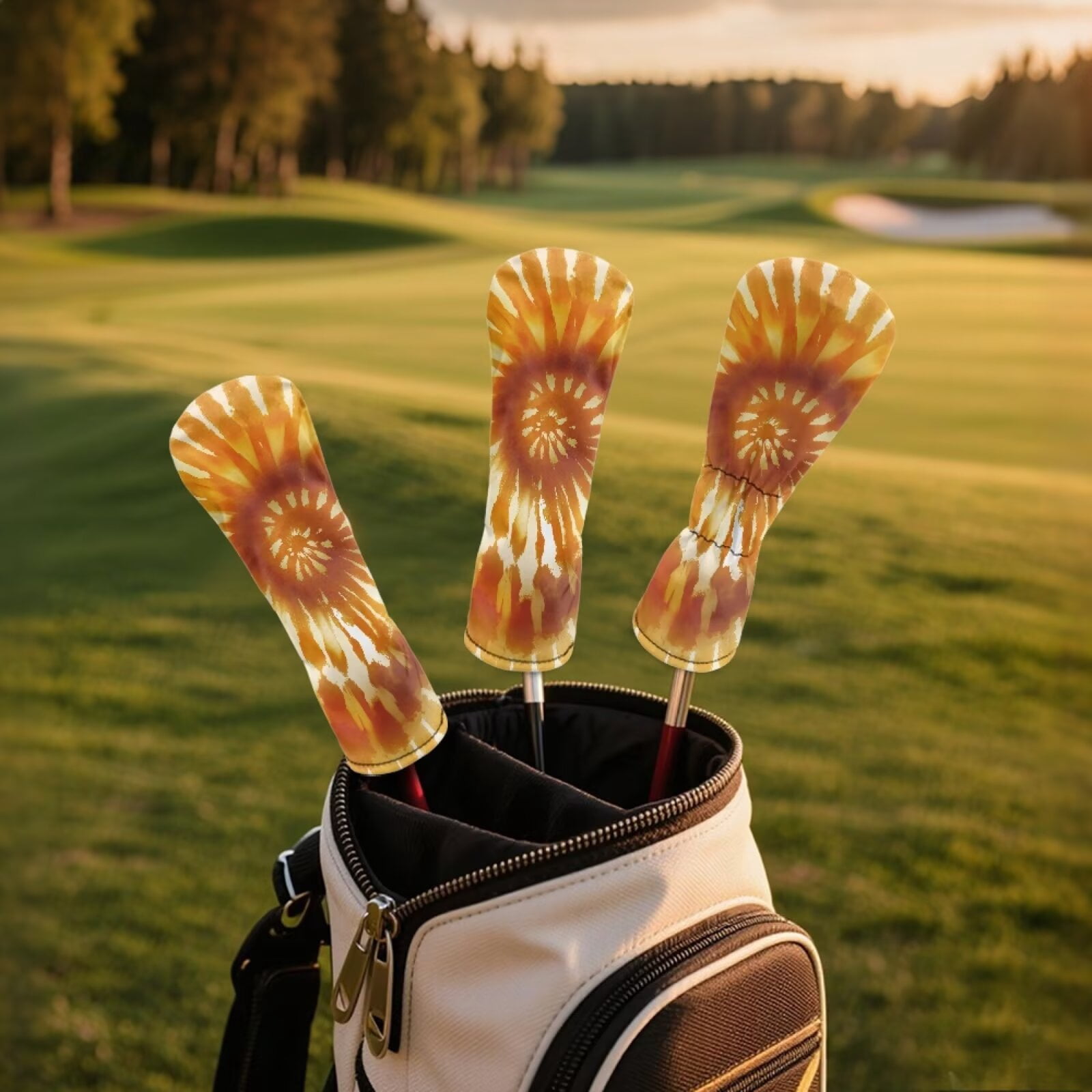 Uorisanigo Golf Head Covers 3PCS, Headcover Set for Driver/Fairway Wood/Hybrid, PU Leather Orange Tie-Dye Print Golf Club Head Covers with Soft Lining for Extra Club Protection
