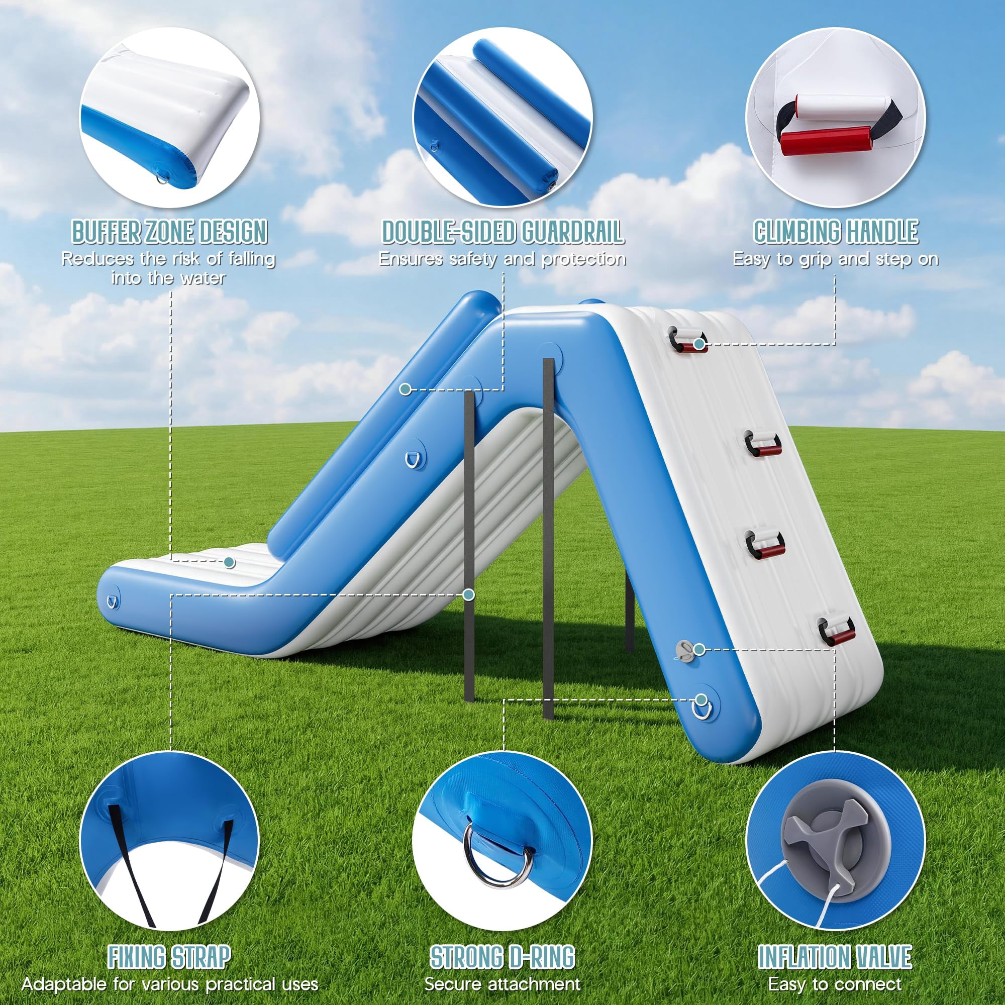 Jocisland 10L×2.6W×4H ft Inflatable Pontoon Water Slide with Climbing Handle, White & Blue, Outdoor Waterfall Slide for Adults & Kids