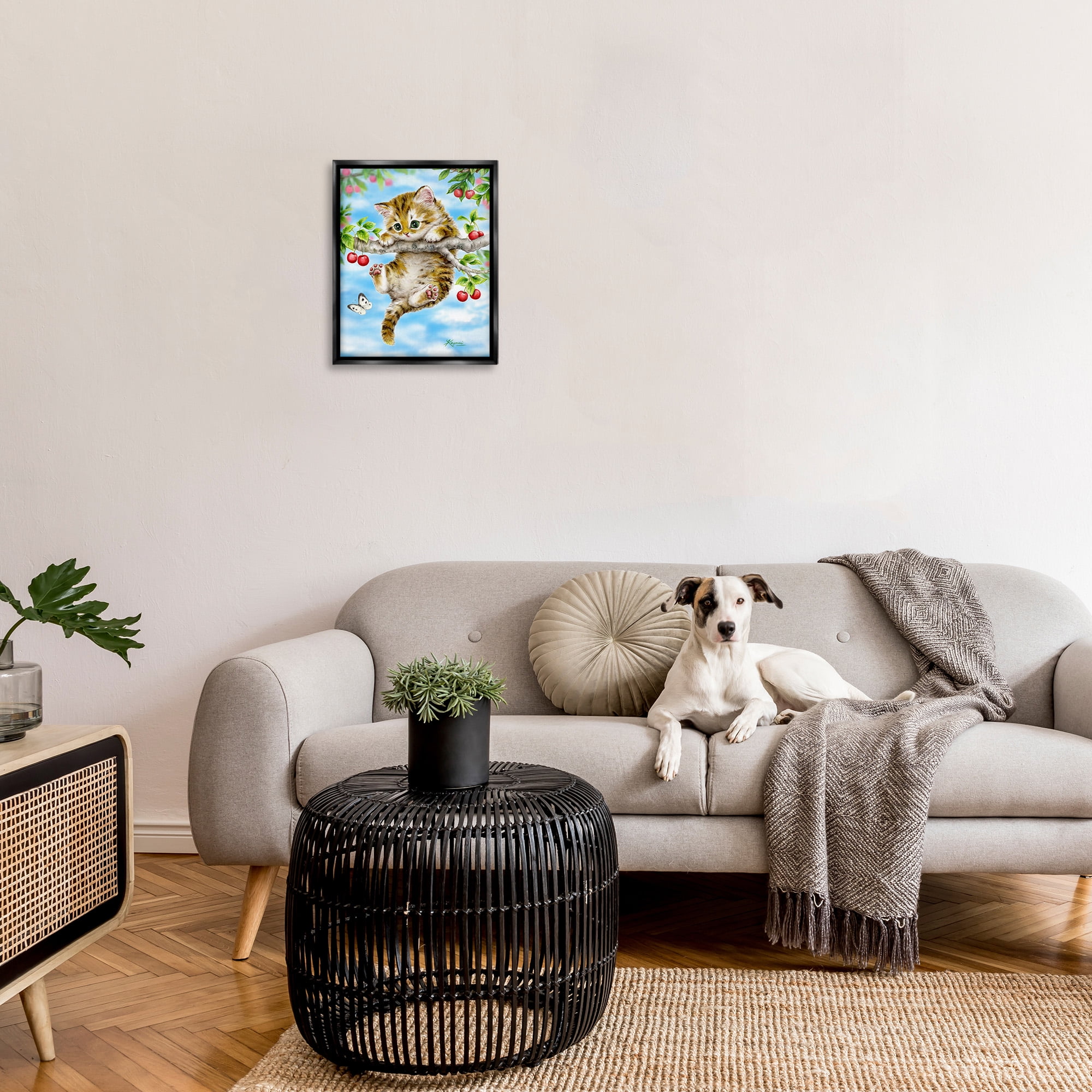 Stupell Industries Kitten Chasing Butterfly Animals & Insects Painting Black Floater Framed Canvas Art Print Wall Art, 17 x 21