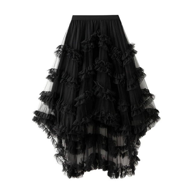 Gibobby faldas para mujer con cintura elástica de hada de una línea para mujer, faldas de cintura alta, vestido de malla, falda de irregular de color sólido(Negro, Talla única)