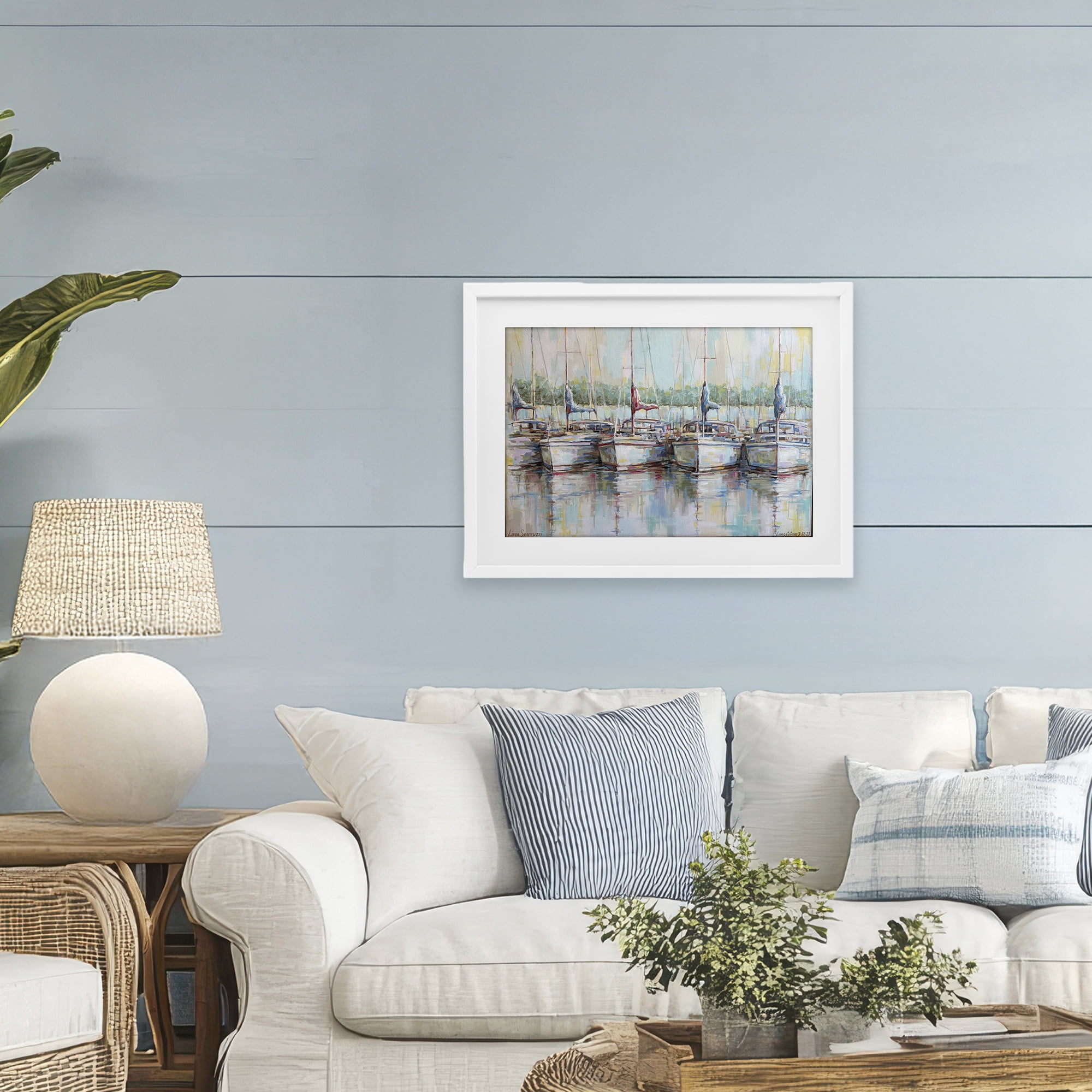 Stupell Industries Morning At The Marina White Framed Print Under Glass, design by Linda Sperruzzi