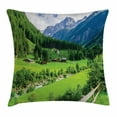 thumbnail image 1 of Farmhouse Decor Throw Pillow Cushion Cover, Alpine Landscape with Meadow Cottages and Pines Stream in Village View, Decorative Square Accent Pillow Case, 20 X 20 Inches, Green White, by Ambesonne, 1 of 2