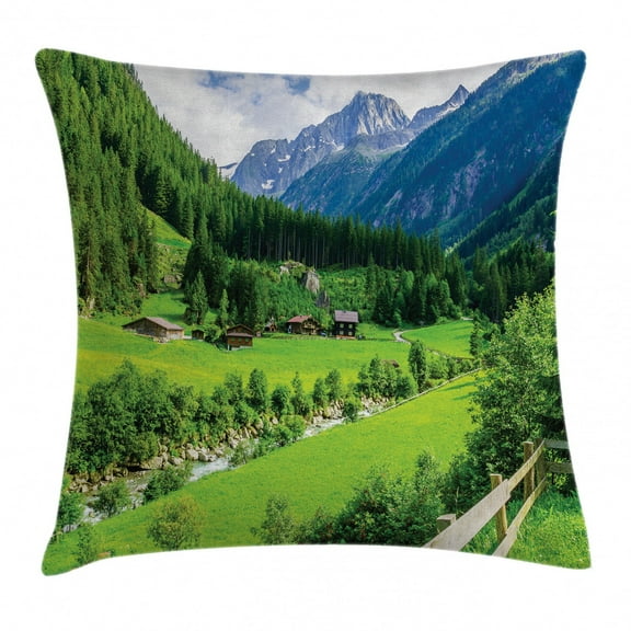 Farmhouse Decor Throw Pillow Cushion Cover, Alpine Landscape with Meadow Cottages and Pines Stream in Village View, Decorative Square Accent Pillow Case, 16 X 16 Inches, Green White, by Ambesonne