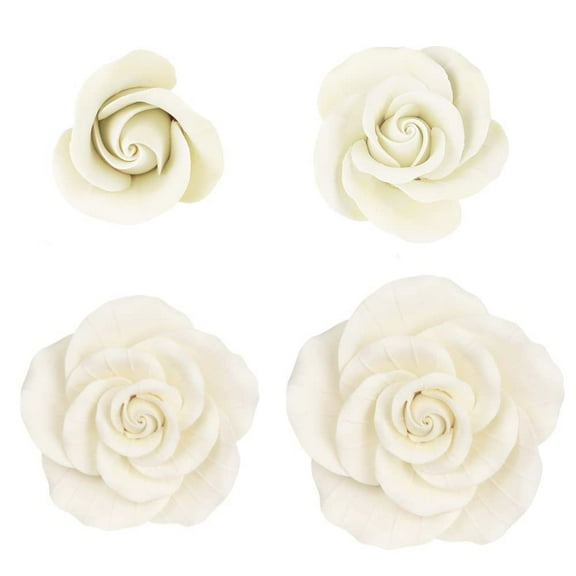 O'Creme Gumpaste Garden Roses Sugar Flower Set of 8 2 x 4 Sizes, White