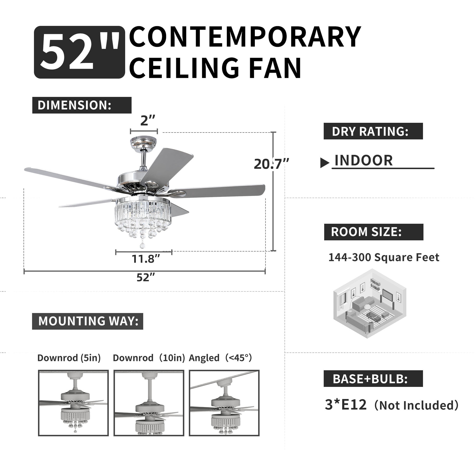 Dextrus 52'' Chandelier Ceiling Fan with Remote, Crystal Fan Light, Indoor Fan Ceiling with 3 Speed, Silent Reversible Motor, Dual-Sided Blades, Chrome