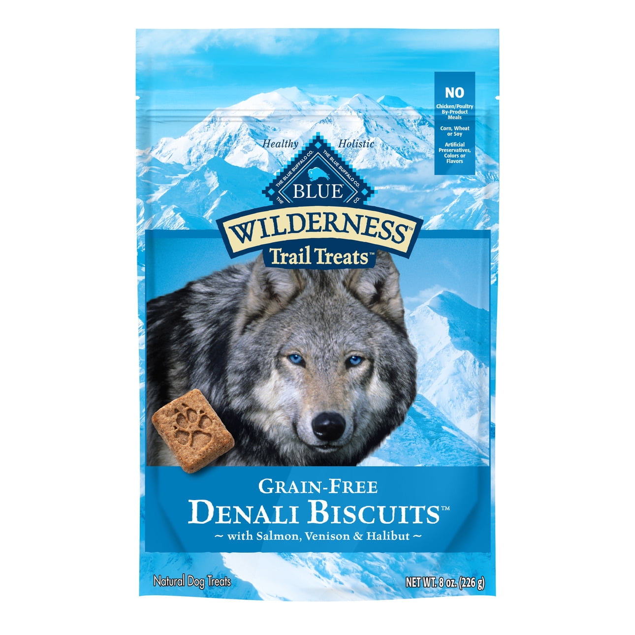 Blue Buffalo Wilderness Denali High Protein Salmon, Venison, & Halibut Flavor Crunchy Biscuit Treats for Dogs, Grain-Free, 8 oz. Bag