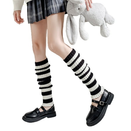

OOKWE Women Lolita Goth Punk Leg Warmers Protector Classic Black White Striped Boot Cover Ribbed Knit Ruffled Knee High Socks