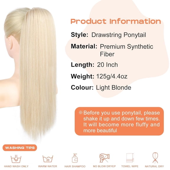 WEIF-Ponytail Extensions Drawstring Long Straight Fake Pony Tail Natural Soft Clip in Hair Extension Synthetic Heat Resistant Hairpiece 20 Inch Light Blonde