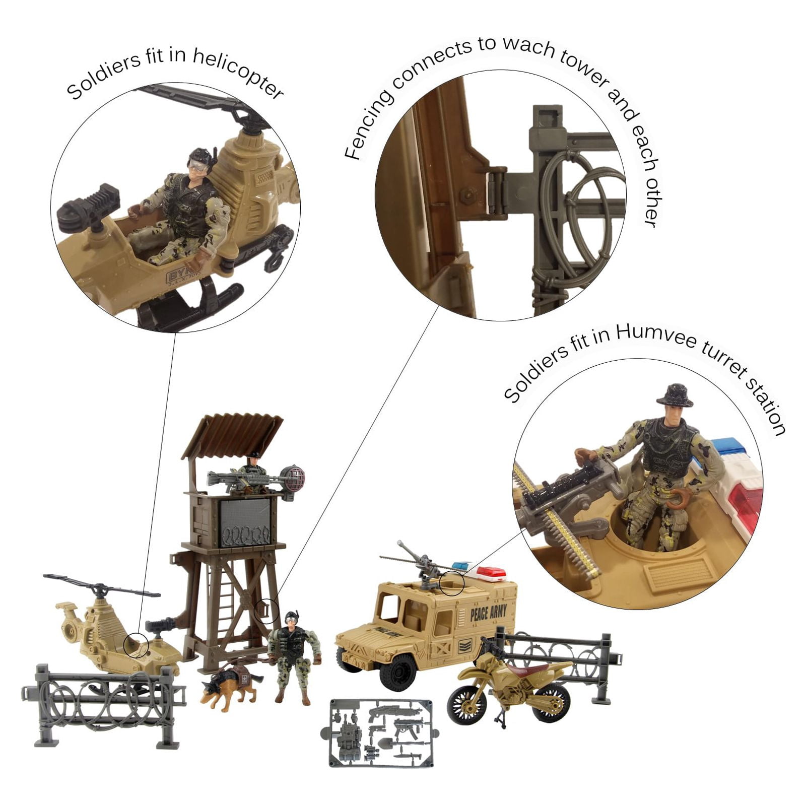 Vokodo Military Playset Watch Tower, Helicopter, Motorcycle