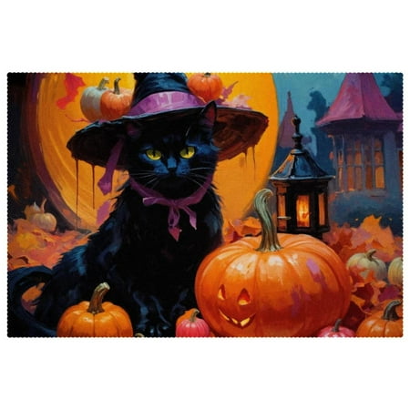 

HOHODIY Rectangular Halloween Placemats Set of 4 Non-Slip Heat Resistant Place Mats Machine Washable 12 x 18 Table Mats for Party Kitchen Dining Home Decor Black Cat Pumpkin