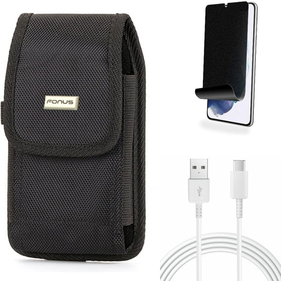 For Samsung Galaxy S21 (6.2") - [Fingerprint Works] TPU Film Privacy Screen Protector   Charger Cord Type-C 10ft USB-C Cable   Holster Rugged Case Belt Clip