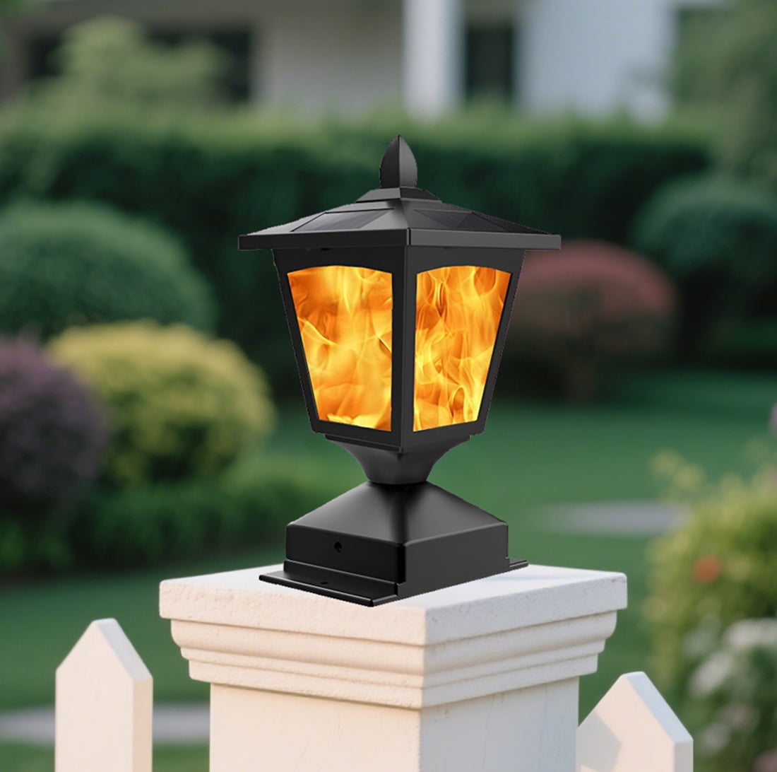 Solar Post Cap Lights for 4x4 Wood Fence, Flickering Flame LED, Waterproof Outdoor Deck & Garden Lighting, 4 Pack, Auto On/Off, Black