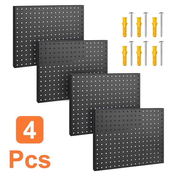 Heavy Duty Metal Pegboard Organizer - Wall Storage Steel Peg Board Panels Set 1/4 inch Round Holes 17"x13" 4 Pack Garage Craft Tool Display Hanging Rack Organization Black Kit with Mounting Hardware