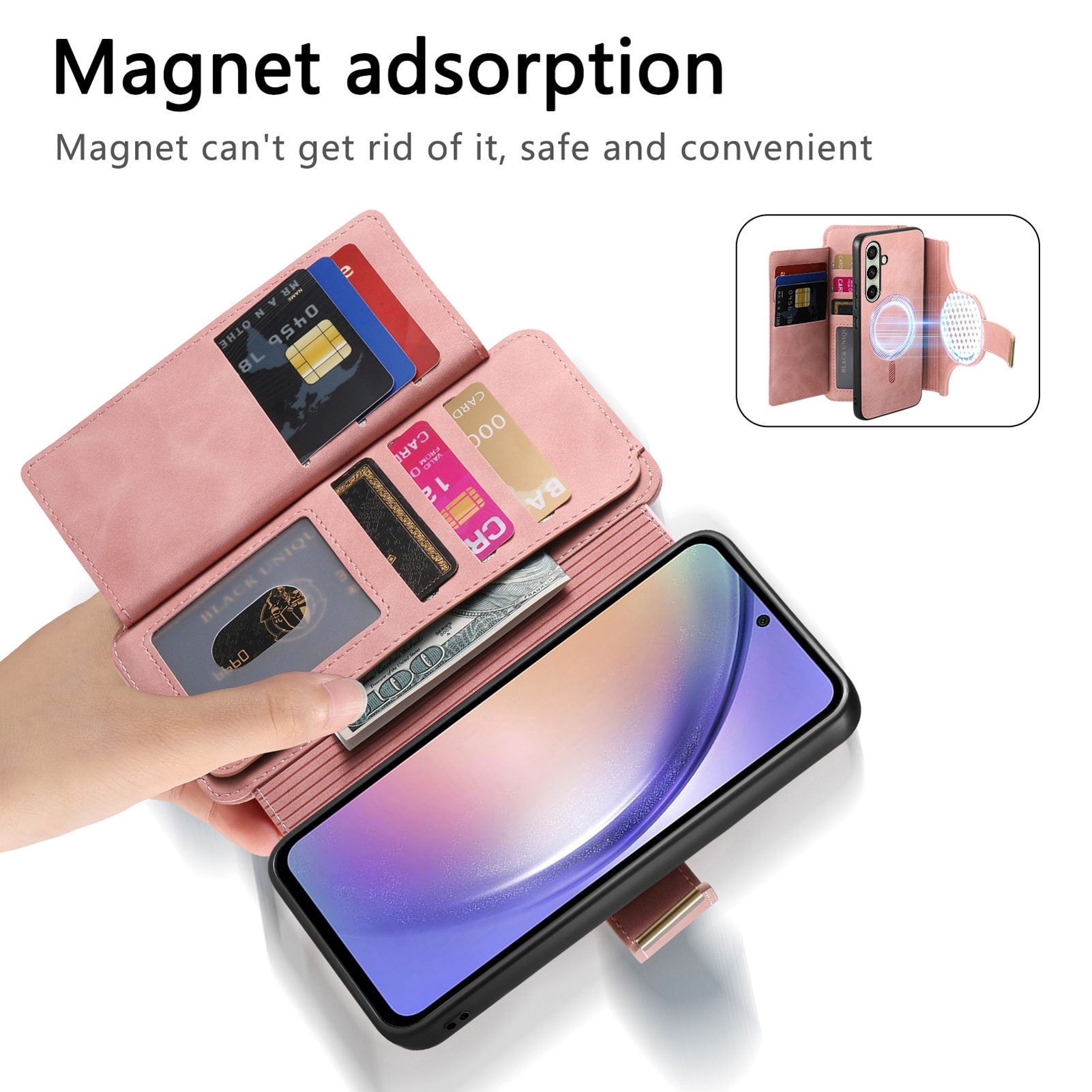 TECH CIRCLE for Motorola Moto G 5G (2024) Phone Case 6.6", Magnetic Back Cover with Removable Flip Wallet Case, with Card Slots/Pocket/Ring Holder Grip, Compatible with MagSafe, PU Leather Case, Pink