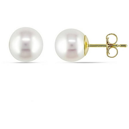 Miabella 7-7.5mm White Round Cultured Pearl 14kt Yellow Gold Stud Earrings