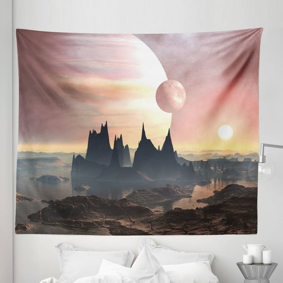 Fantasy Tapestry, Twin Moons over Planet Europa Apocalypse Armageddon Deserted Landscape, Fabric Wall Hanging Decor for Bedroom Living Room Dorm, 5 Sizes, Blush Yellow Dark Brown, by Ambesonne