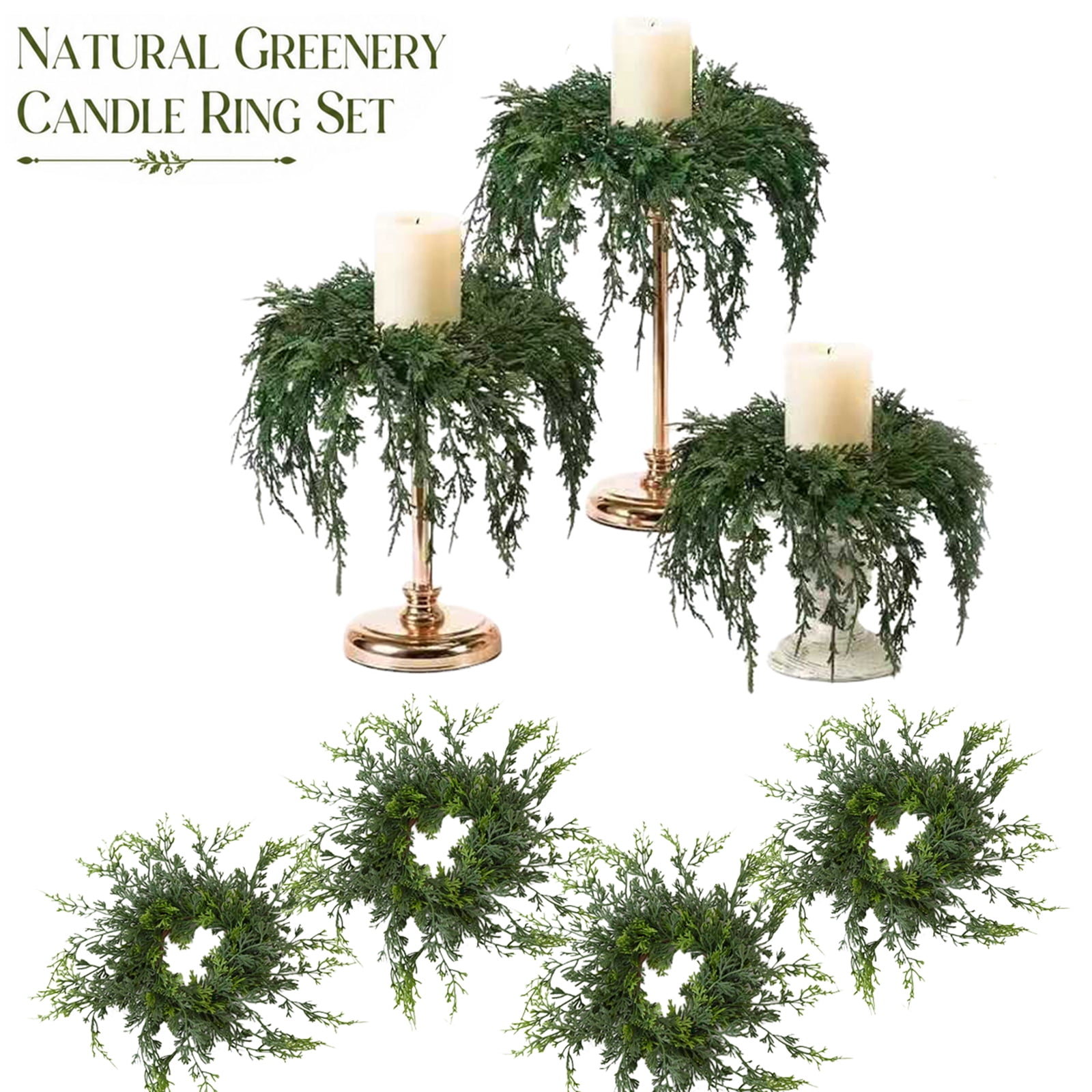 Set of 4 Artificial Cedar Candle Rings 12 Inch Long Tail Juniper Greenery Wreath 4.7in Inner Diameter Faux Green Candle Holder Rings for Christmas Fall Table Mantel Centerpiece Decor