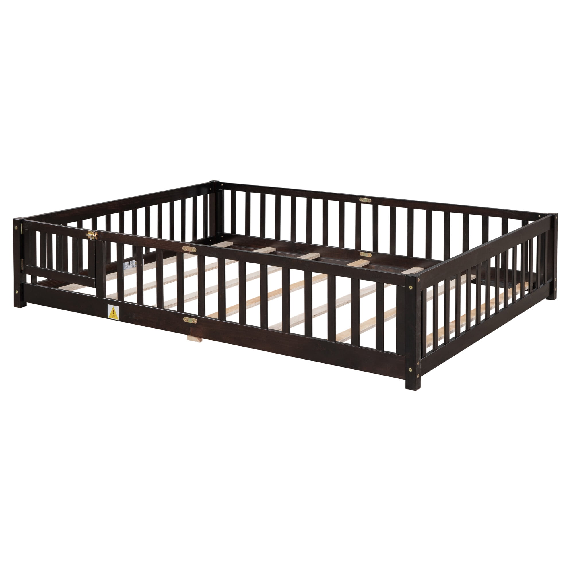 Queen Size Floor Bed with Fence for Kids, Wood Montessori Toddler Bed Frame with Door and Slats Support, Queen Size Platform for Girls and Boys, Espresso