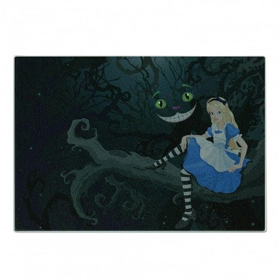 Alice in Wonderland Cutting Board, Alice Sitting on Branch and Chescire Cat in Darkness Cartoon Style, Decorative Tempered Glass Cutting and Serving Board, Small Size, Multicolor, by Ambesonne