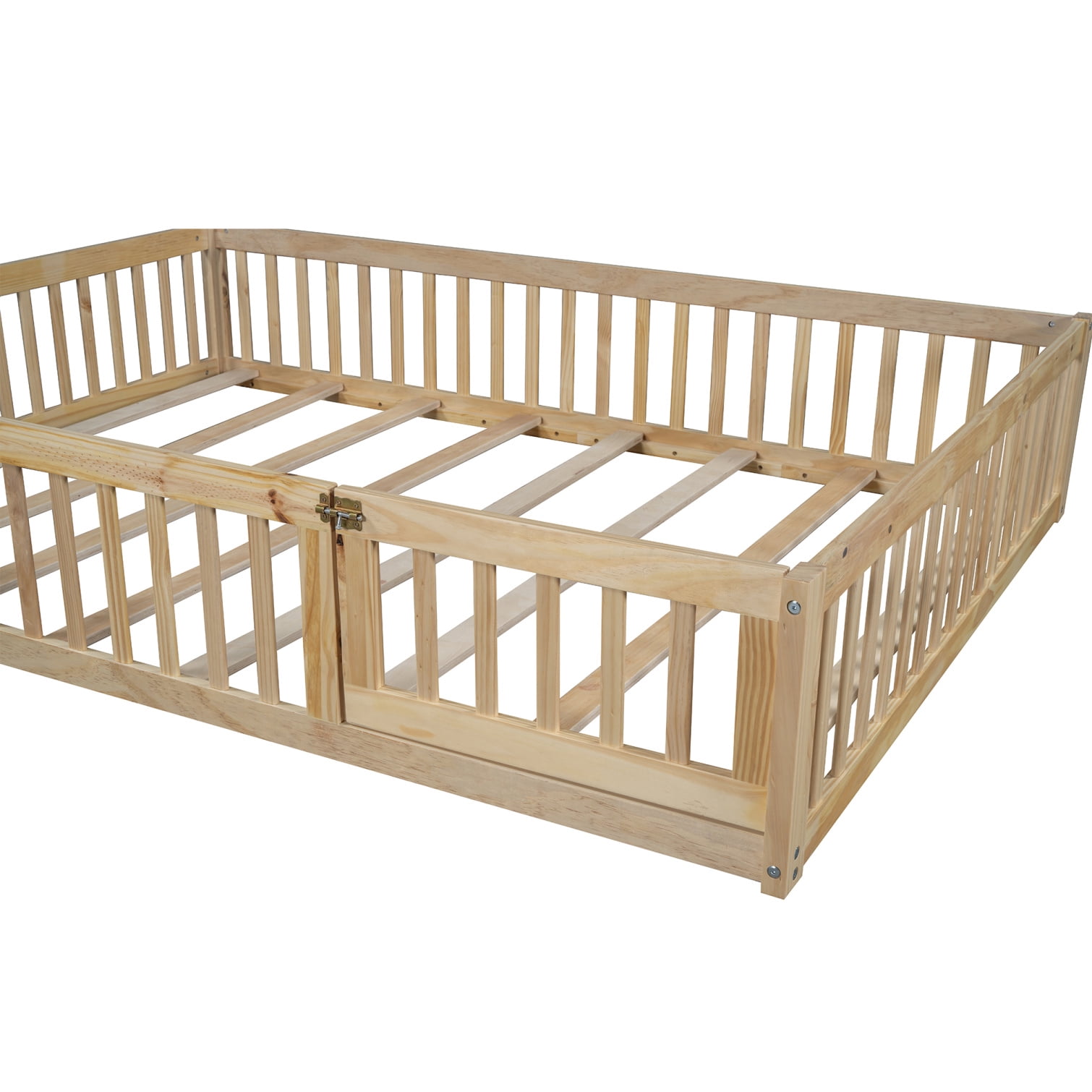 Full Size Floor Bed with Door and Slats,Montessori Floor Bed with Safety Guardrails,House Platform Bed for Girls and Boys,Natural