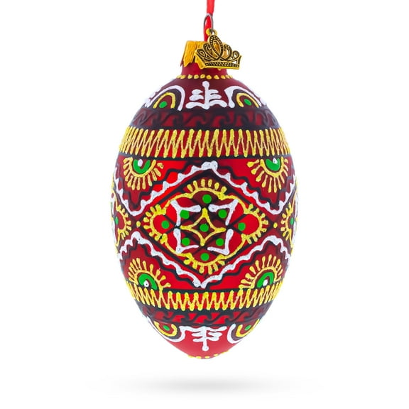 Red Geometric Ukrainian Egg Glass Christmas Ornament 4 Inches