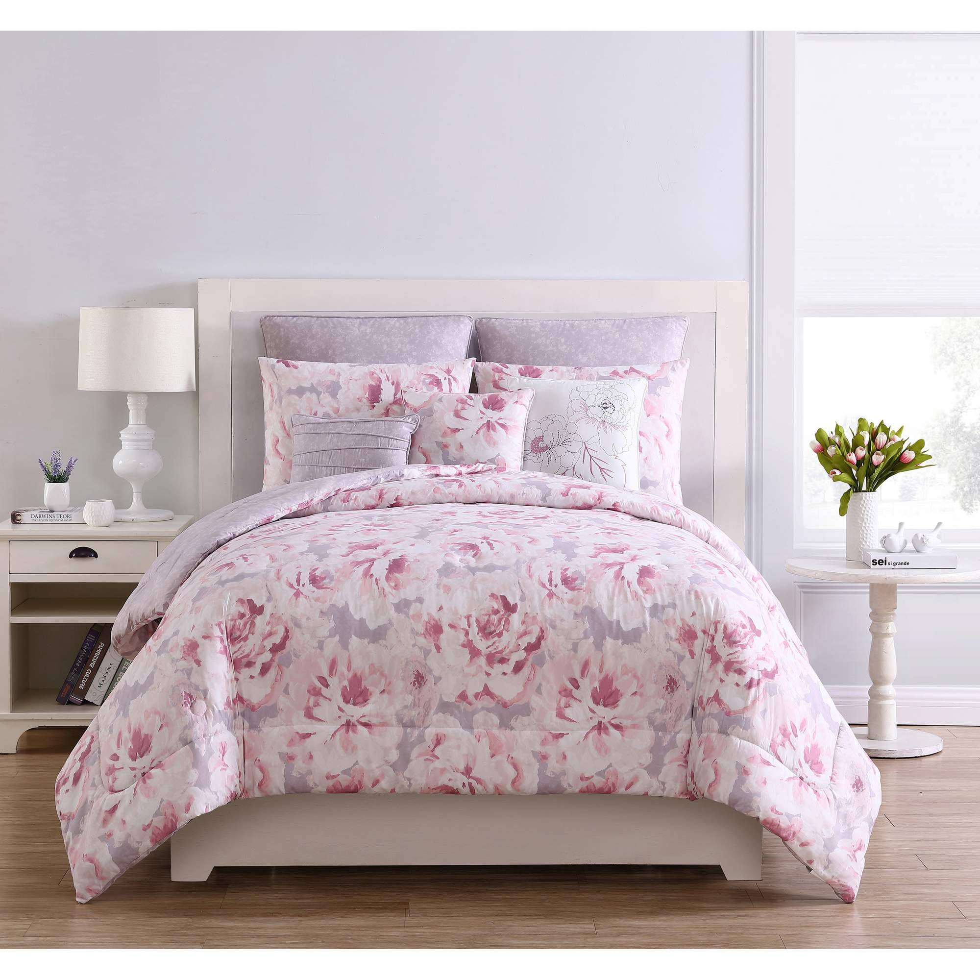 Mainstays Grey/Pink Floral Jill 8-Piece Bedding Comforter Set with Euro ...