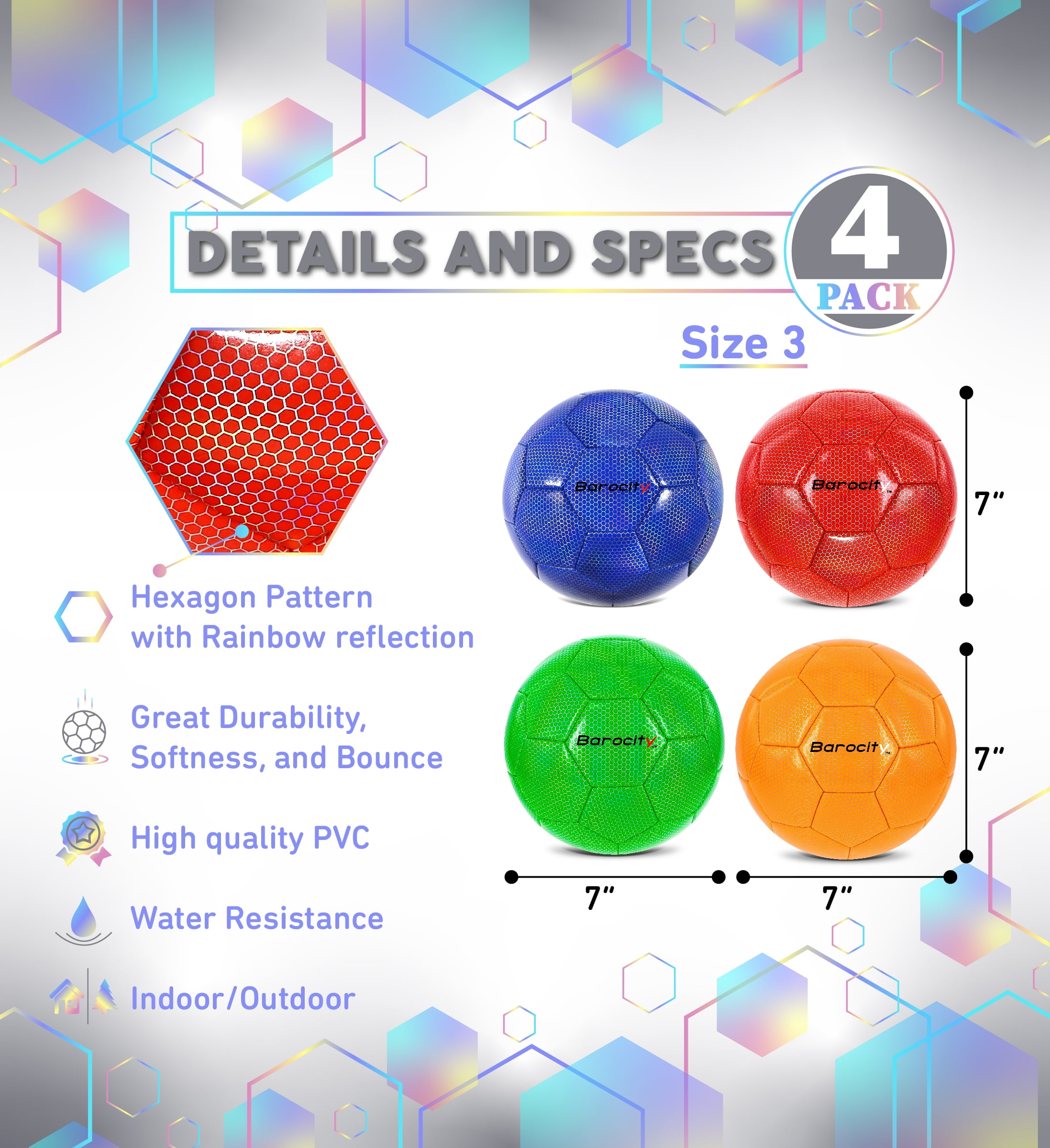Barocity Iridescent Soccer Balls Set of 4 – Blue, Red, Green, Orange Official Match Ball with Reflective Hex Pattern, Sport Soccer Balls for Indoor and Outdoor Training and Practice Games - Size 3