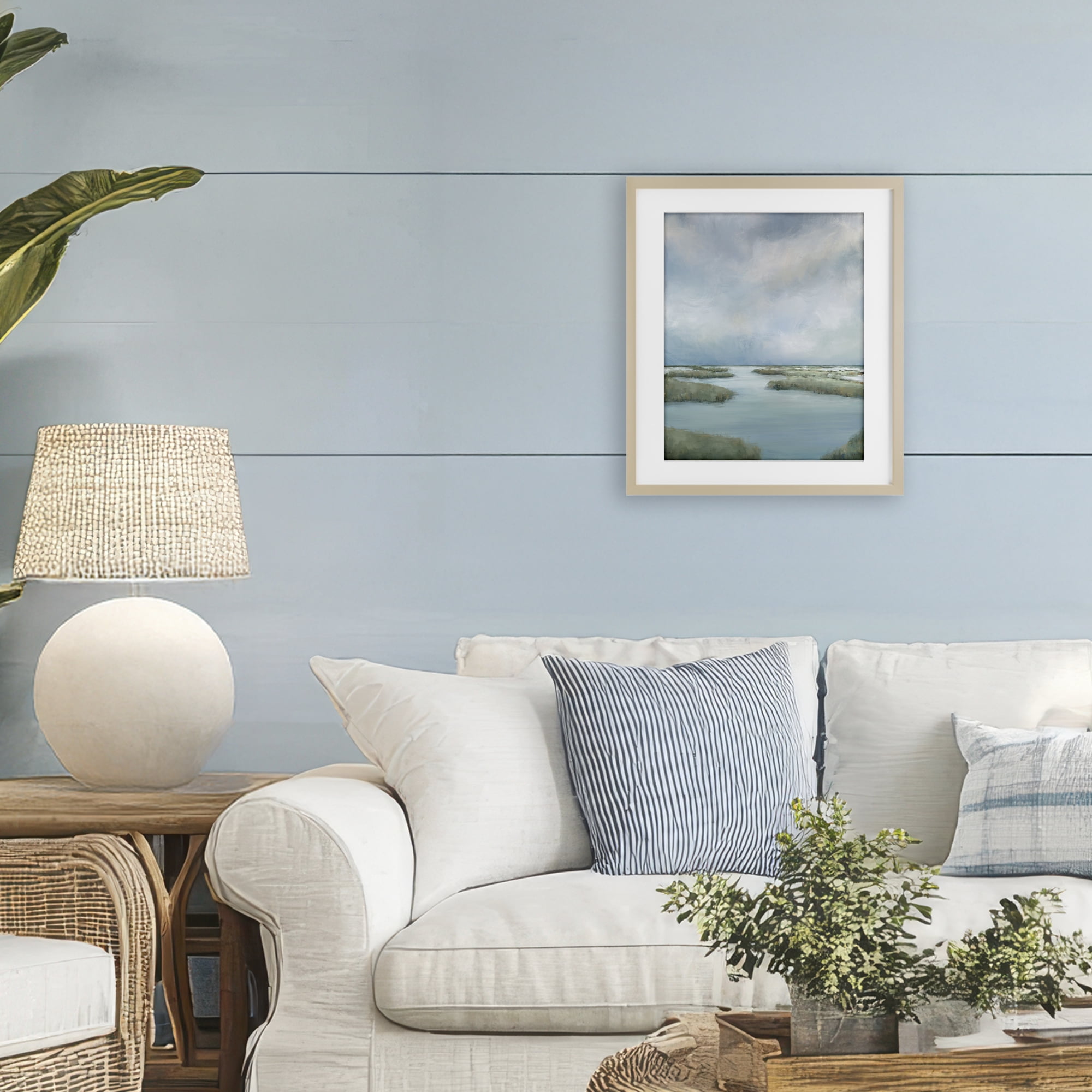 Hazy Marsh Land View Birch Framed Print Under Glass, design by Leah Noel Art