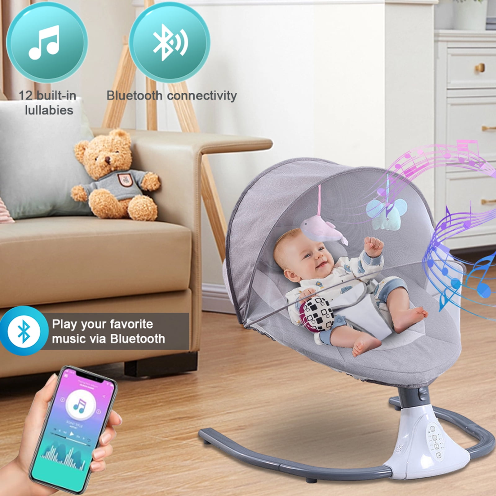 YANAOFFE Musical Baby Swing for Infant Portable Swing with Remote Control, Bluetooth, Unisex, Gray