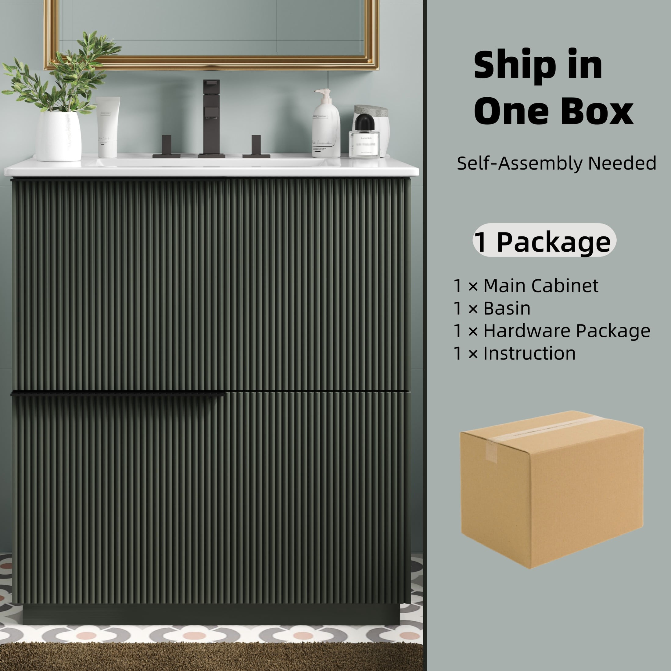 Christopher Knight Home 30" Bathroom Vanity with Ceramic Sink and Soft Close Drawers, Fluted Design, Green