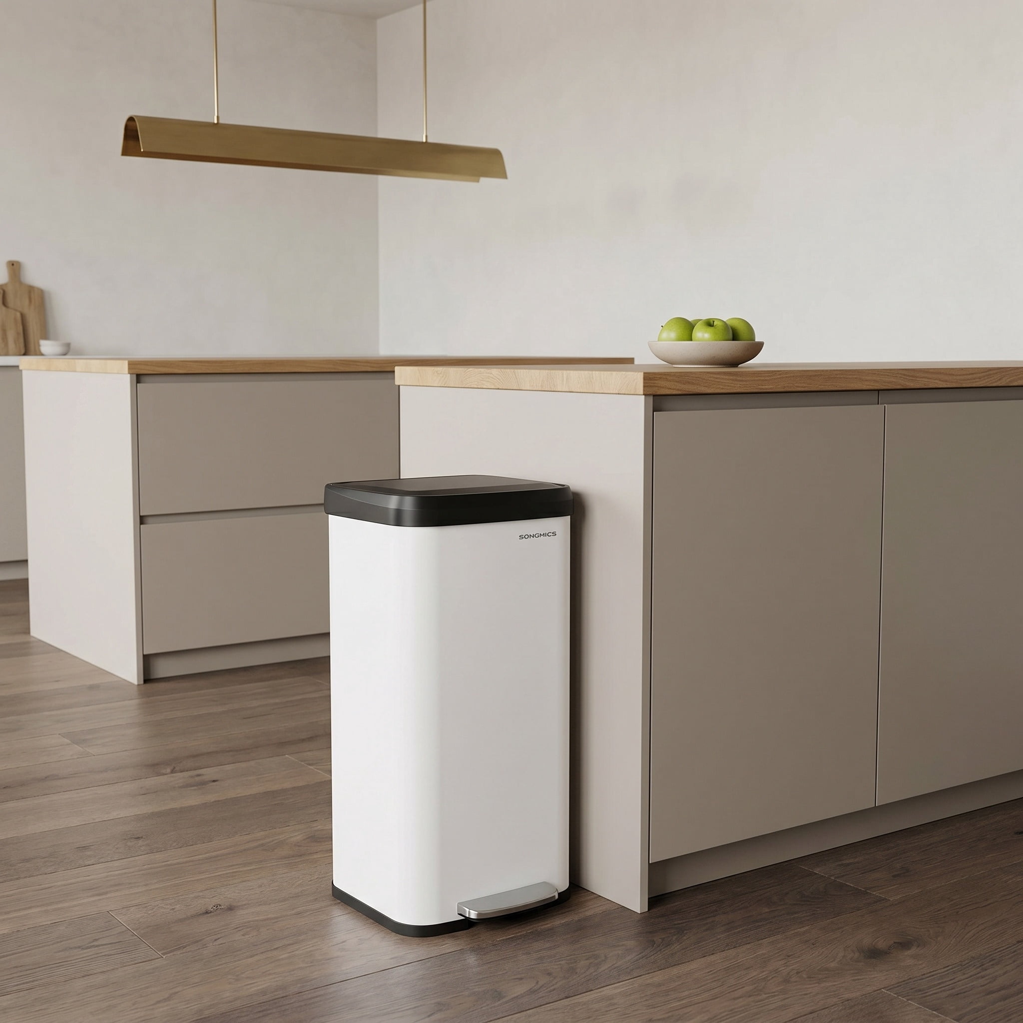 White Trash Can with Lid, Freestanding Kitchen Garbage Bin with Removable Inner Bucket