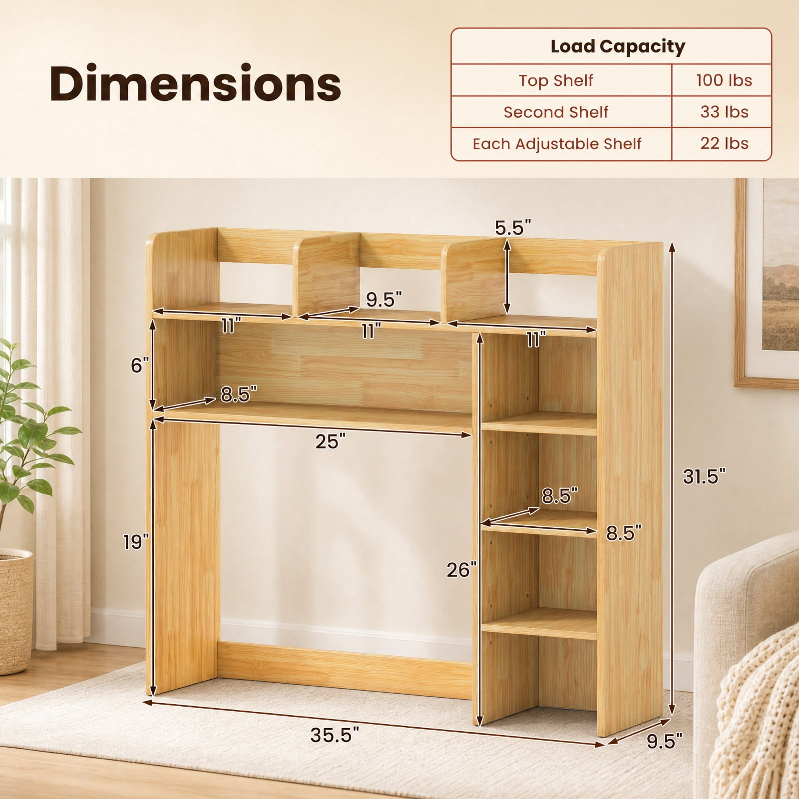 Furnibear Desktop Bookshelf with LED Lights 35.5 Inch Desk Hutch Storage Organizer and Adjustable Shelves for Home Office, Beige