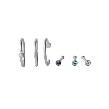 Women's Silver-Tone Crystal Stud & Hoop Nose Ring Set (6-Piece), Assorted Nose Jewelry Collection