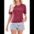 thumbnail image 3 of Cárdigan de Verano de Corta para Mujer, Tejido de Cable, Cuello Redondo, Botones, Tops, Rojo Vino, Talla M, 3 of 10