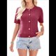 thumbnail image 3 of Cárdigan de Verano de Corta para Mujer, Tejido de Cable, Cuello Redondo, Botones, Tops, Rojo Vino, Talla M, 3 of 10