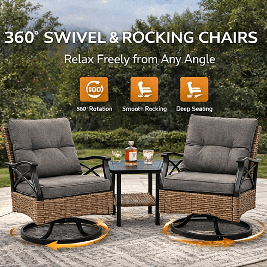 Patio Furniture Set, 3 Pieces Outdoor Swivel Rocker Chairs Set of 2, Rattan Wicker Conversation Set with 2 Rocking Swivel Chairs & Side Table, 360° Rotation Deep Seating for Porch Backyard Deck