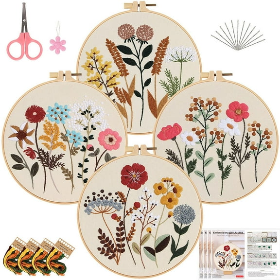 Jiaroutk Embroidery Kit for Beginners,4 Pack Floral Cross Stitch Kits W/ Pattern and Instructions,2 Wooden Embroidery Hoops,Threads and Needles