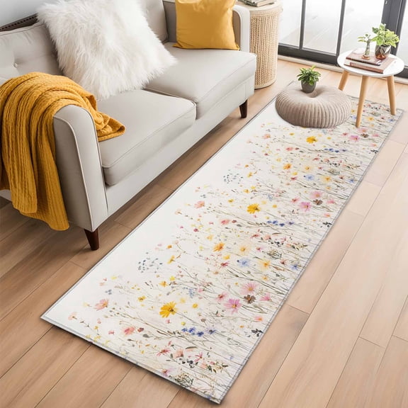Country Wildflowers Kitchen Runner Rug 2x6 Washable Runners for Hallway Non Slip Spring Rustic Vintage Botanical Large Area Rug Indoor Floor Carpet for Bathroom Laundry Entryway Bedroom Living Room