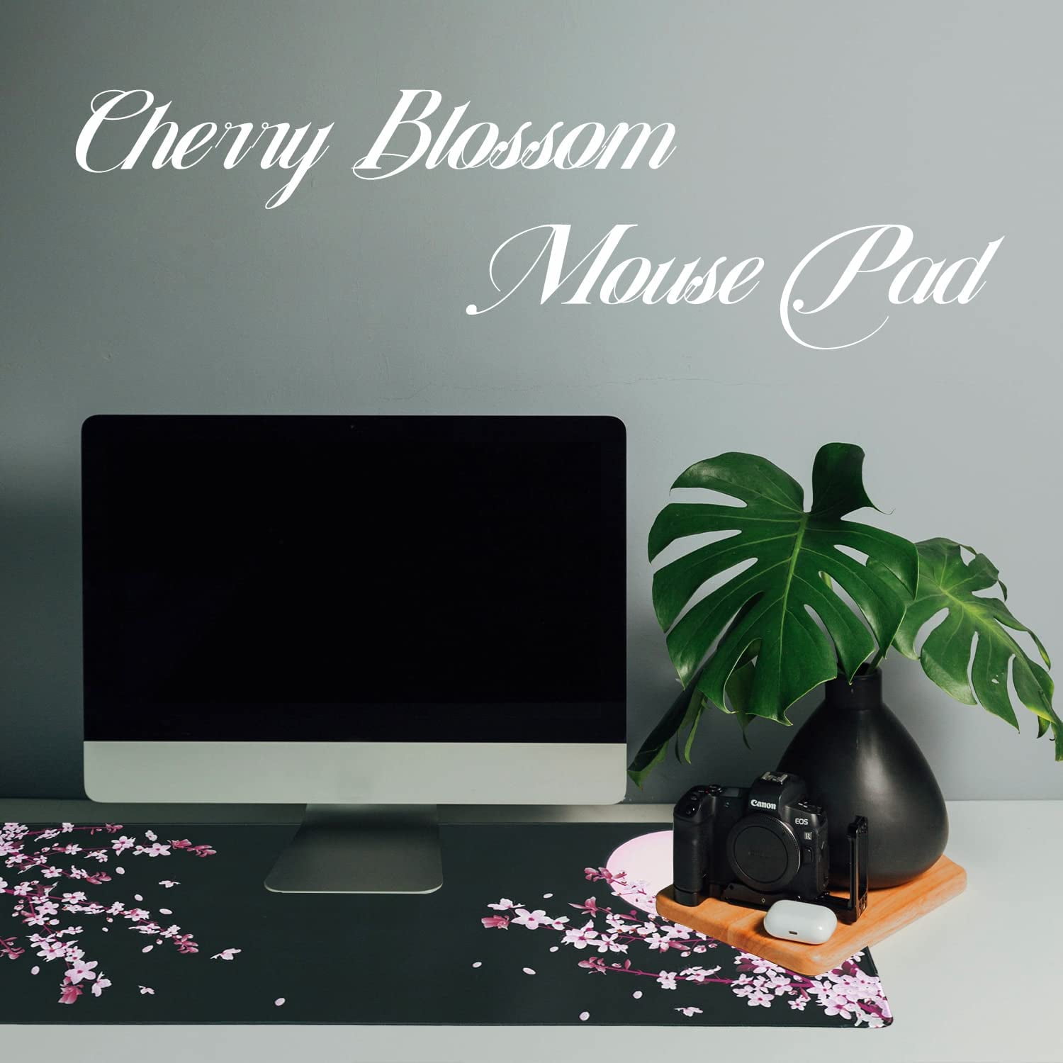 Japanese Cherry Blossom Sakura Mouse Pad Black XL, Extended Large Mouse Pad, Kawaii Pink Black Mousepad, Moon Floral Long Big Desk Mouse Mat, Cherry Blossom Decor Stuff Accessories, 31.5 X 11.8 Inch