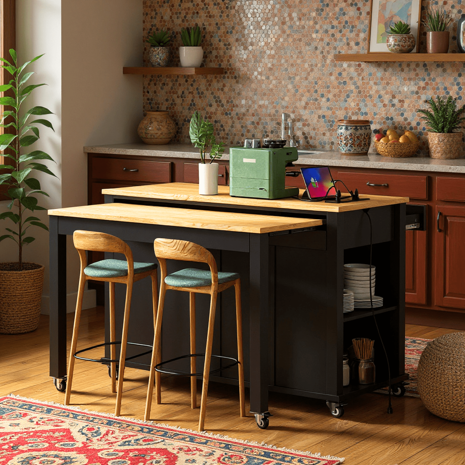 Homy Casa 47" Kitchen Island with Extendable Dining Table, Storage Cabinets, Drawers, Power Outlet, Black