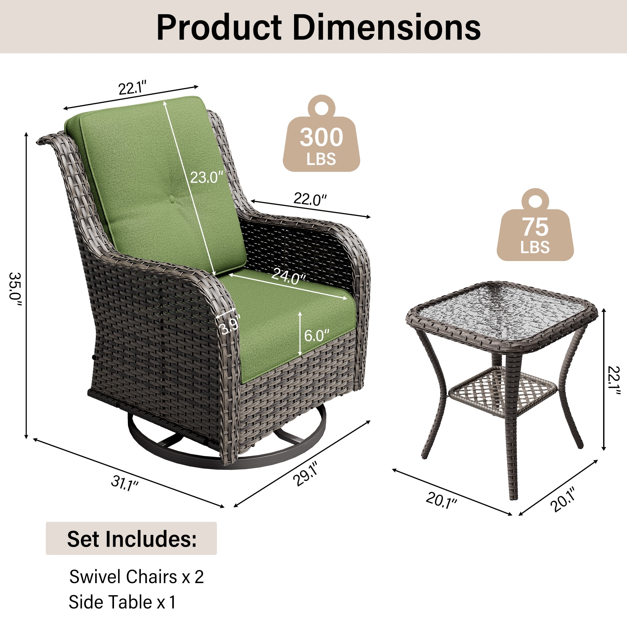 MeetLeisure 3 Piece Wicker Patio Furniture Set with Side Table, Outdoor Swivel Rocker Chairs with High Back, Deep Seating, Wide Armrest, Thick Cushions for Deck Porch, Green
