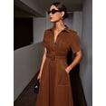 thumbnail image 2 of Brown Womens Shirt Dress With Collar, Front Button, Patch Pockets, Belted Waist, Short Sleeve, A-Line Midi, 2 of 4