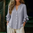 thumbnail image 4 of Babysbule Women's Ruffle 3/4 Sleeve Linen Blouse, V Neck Button Down Casual Loose Top for Spring Summer, 4 of 9